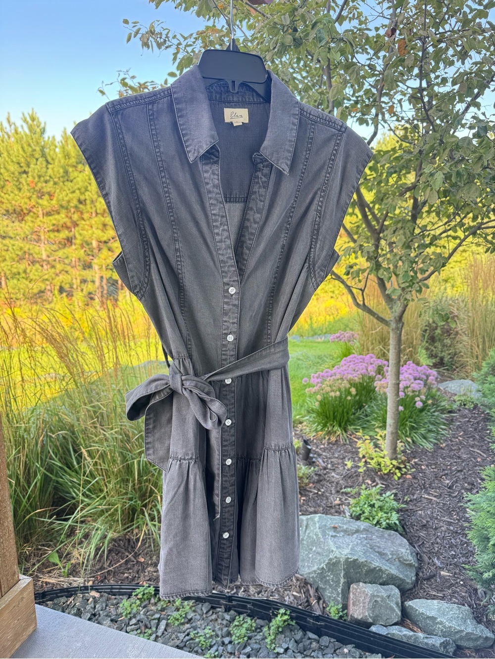Elan Washed Black Denim Shirt Dress with Tie Waist